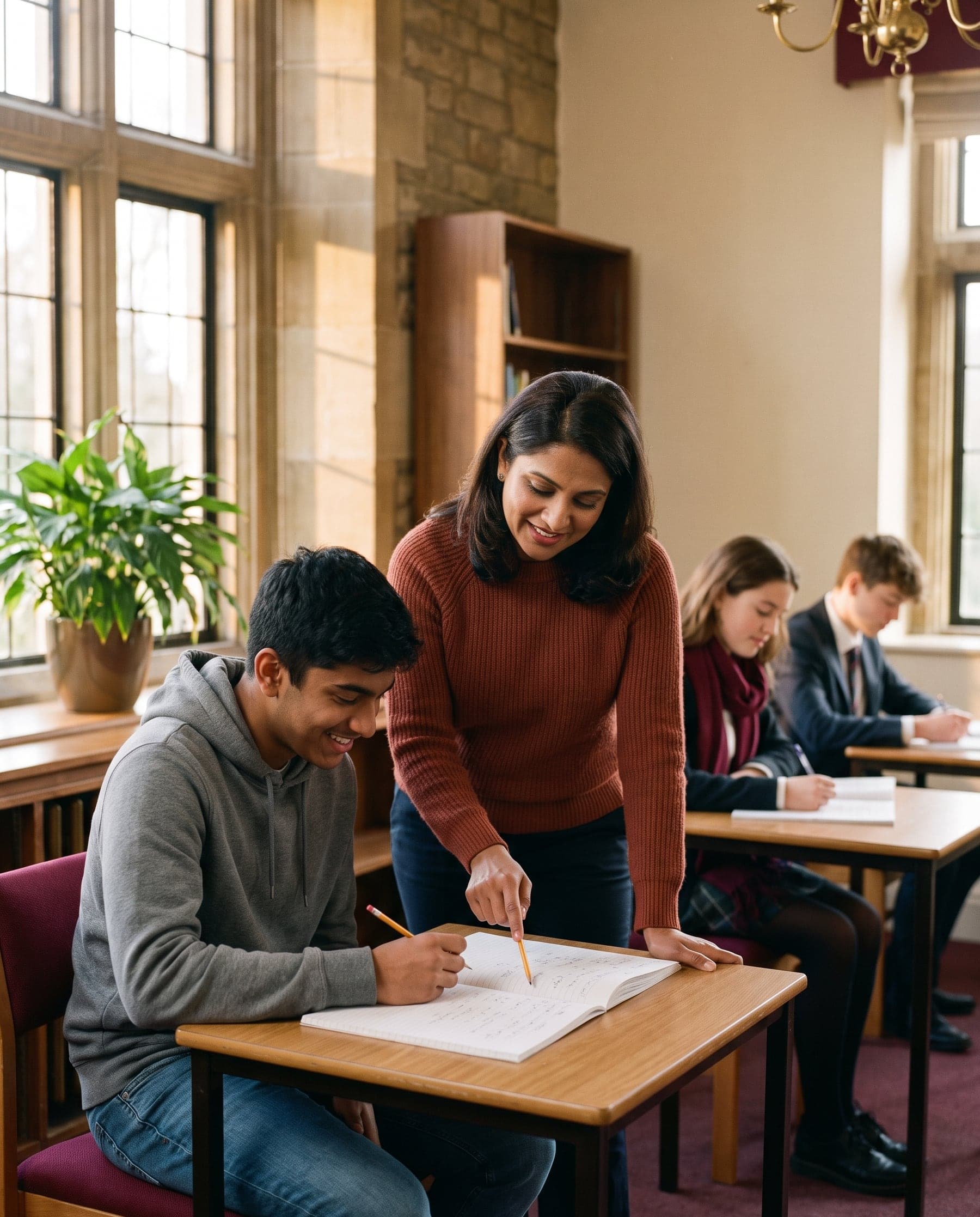 A teacher guiding a student through a problem in a small, sunlit classroom
